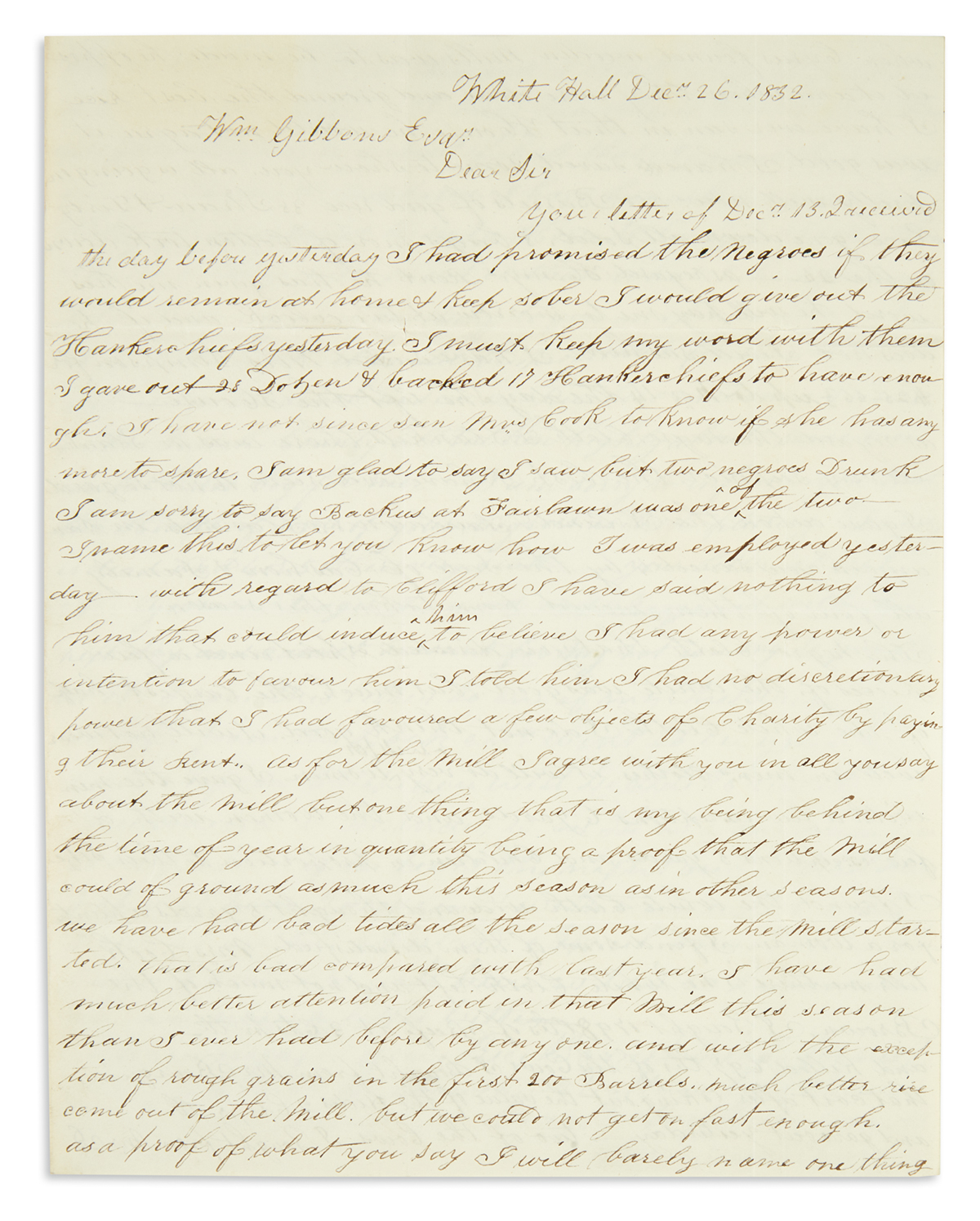 (SLAVERY AND ABOLITION.) Dunham, William. An overseers letter describing a bleak Christmas on the plantation.